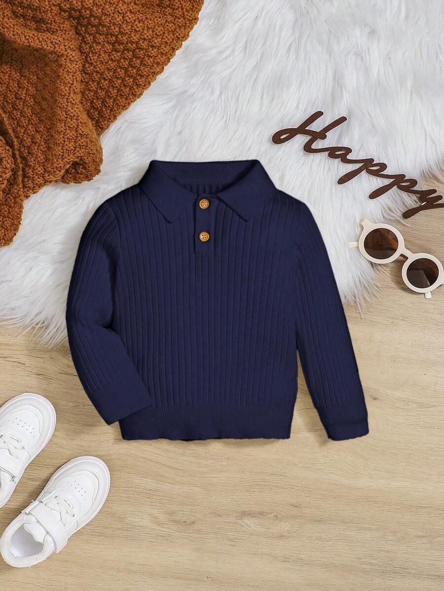 SHEIN Em bé Con trai Lỏng lẻo Phù hợp Áo len Với Sọc Hem Và Cổ tay áo - Xanh đậm - Xem 1