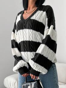 EURMUSE Women's Striped V-neck Sweater - Black - View 3
