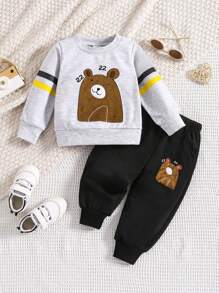 男嬰熊和字母圖案連帽衫和褲子套裝 - 淺灰色 - 查看 1