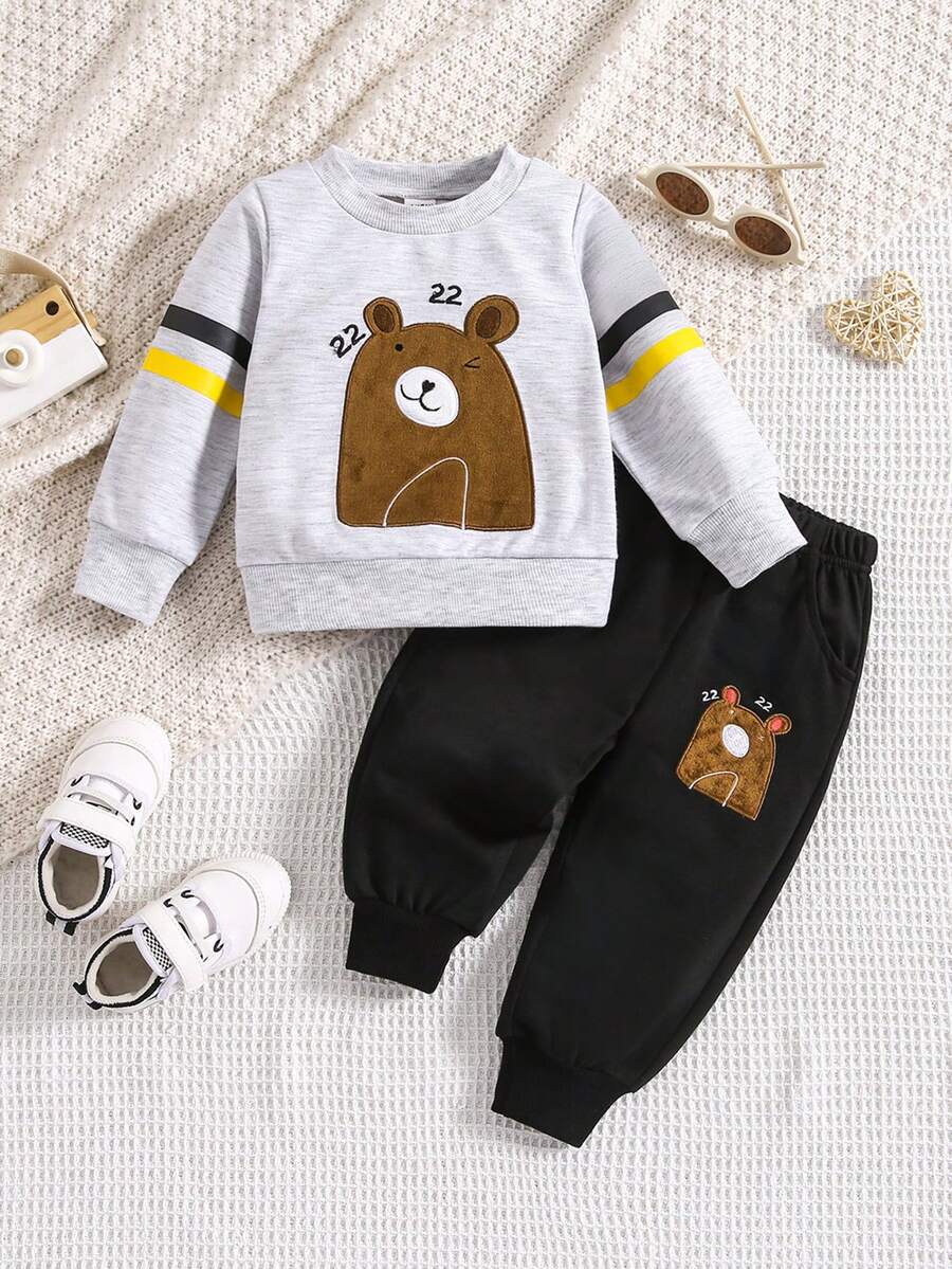 男嬰熊和字母圖案連帽衫和褲子套裝 - 淺灰色 - 查看 1