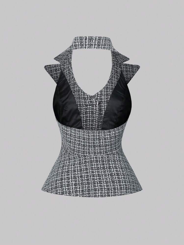 Women Thick Plaid Sleeveless Overcoat With Cinched Waist