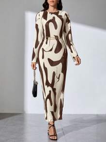 SHEIN Tall 女款長袖印花洋裝 - 棕色 - 查看 4