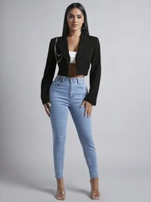 SHEIN PETITE 秋冬女士短款钻石链装饰西装外套