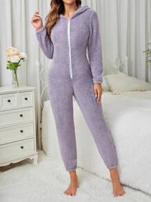 Mono De Pijama De Felpa Bordado Con Gato Para Mujer - Morado - Ver 2