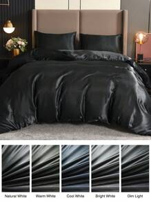 3件套纯色床上用品，缎面光滑柔软涤纶纤维被套。套装包含：1个带四角带和拉链的被套 + 2个枕套（不含被子或枕芯），适用于卧室、旅行、宿舍（男孩/女孩） - 黑色 - 查看 8