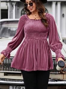 Celure Kích thước lớn Tay áo xù Nếp uốn Áo thun Với Viền trang trí - Màu tím - Xem 6