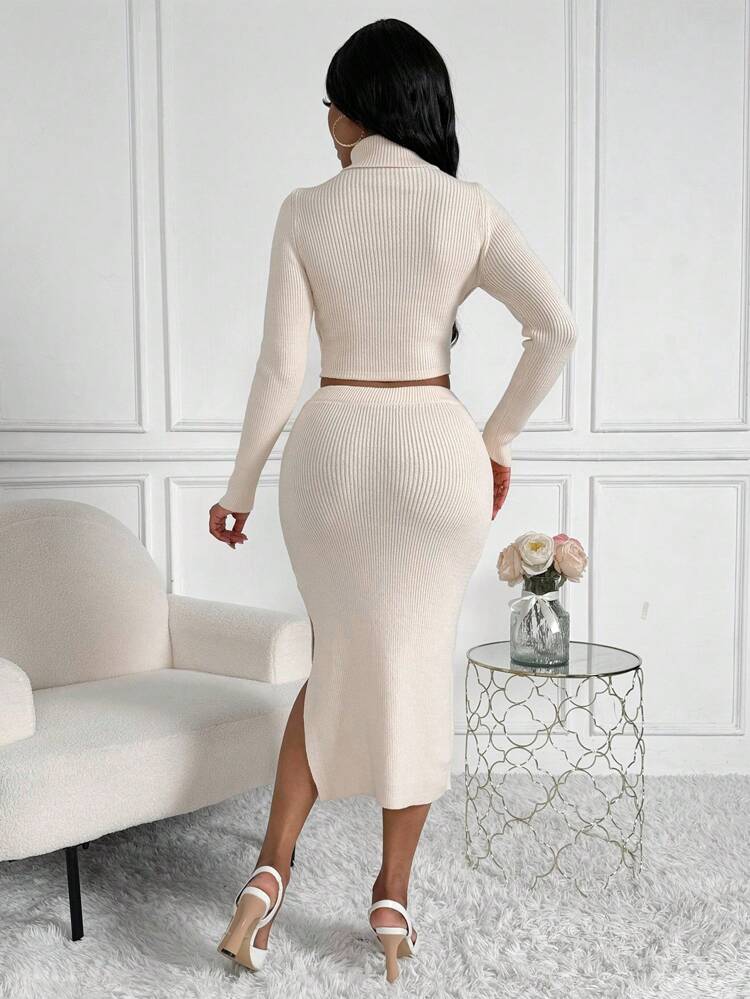 Turtleneck & High Slit Knit Top Set