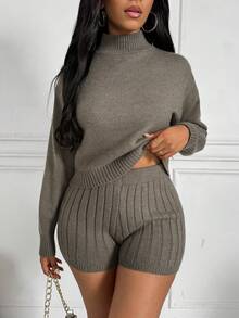 SHEIN SXY 2 cái/bộ Lỏng lẻo phù hợp Vòng cổ Áo thun Và Sọc Quần short chân rộng - Màu nâu  Mocha - Xem 6