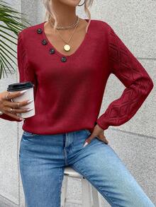 SHEIN Essnce Solid Color Sweater With Button Details - Red - View 3