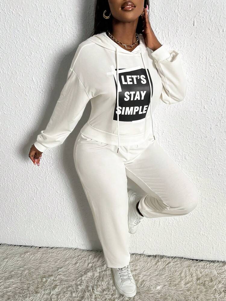 Slogan Printed Drop Shoulder Drawstring Hoodie And Sweatpants Set