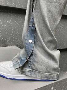 Manfinity EMRG 男士直筒牛仔褲寬鬆又長的酸洗深色牛仔褲，帶口袋，純藍色，派對嘻哈饒舌風格 - 淺灰色 - 查看 4