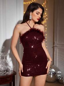 SHEIN Allurite 女款土耳其羽毛毛絨邊緣閃亮裝飾掛脖緊身連身裙 - 酒紅色 - 查看 1