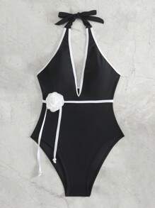 SHEIN X Lily May Mac 女士彩塊領綁頸單品游泳衣,可拆卸腰帶設計