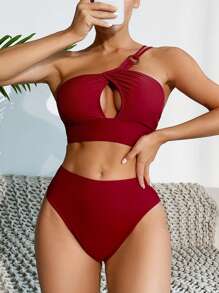 SHEIN Swim Women's One-shoulder Cut Out Bikini Set - Burgundy - View 1