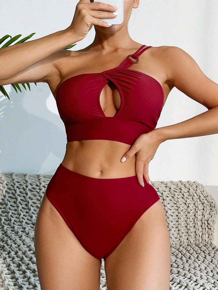 SHEIN Swim Women's One-shoulder Cut Out Bikini Set - Burgundy - View 1