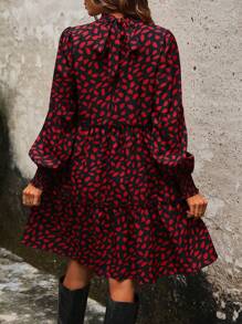 SHEIN LUNE 女款全身印花燈籠袖連身裙 - 紅色 - 查看 2