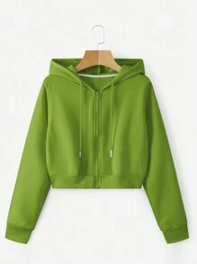 SHEIN EZwear Của phụ nữ Màu thuần áo có mũ Dây rút Dây kéo Ngắn Áo nỉ - màu xanh lá - Xem 1