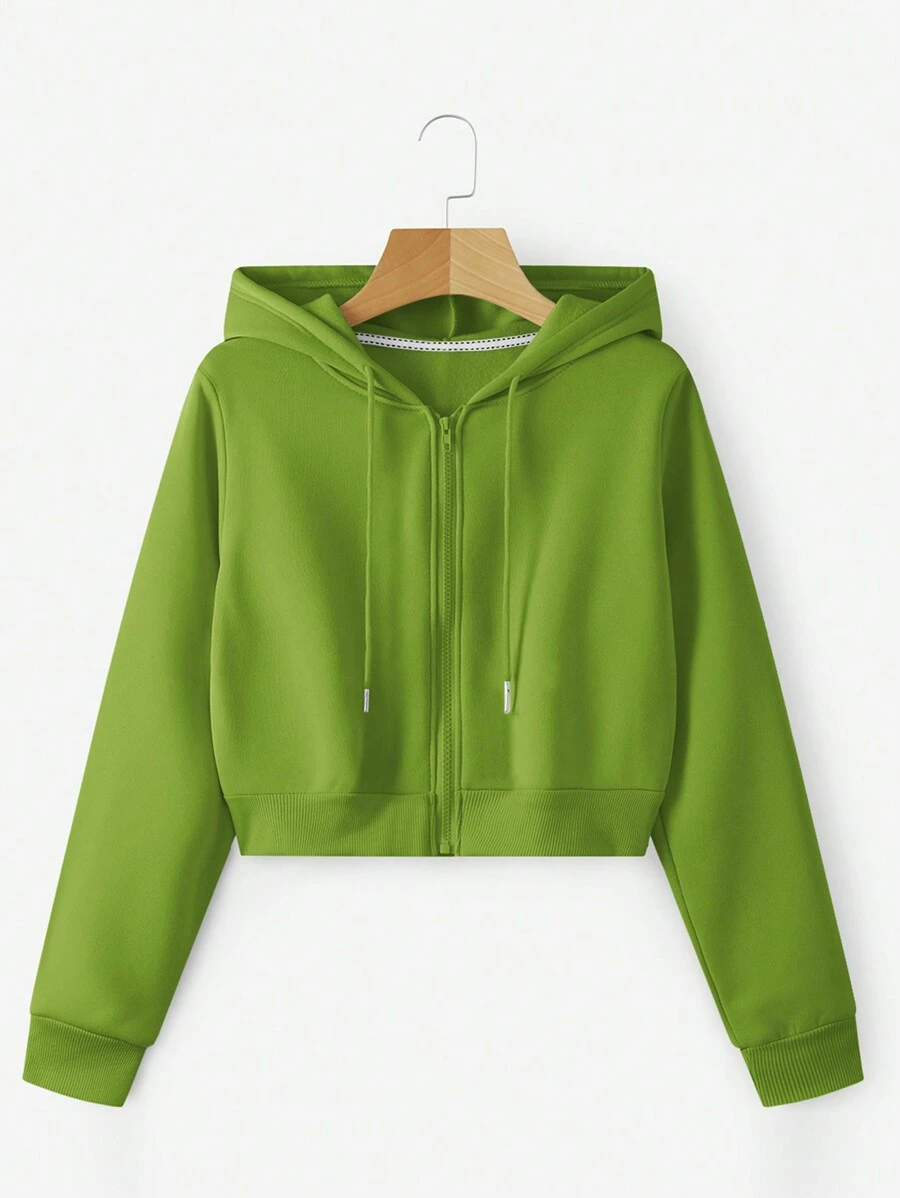 SHEIN EZwear Của phụ nữ Màu thuần áo có mũ Dây rút Dây kéo Ngắn Áo nỉ - màu xanh lá - Xem 1
