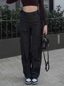 Solid Flap Pocket Side Cargo Pants - Black - View 4