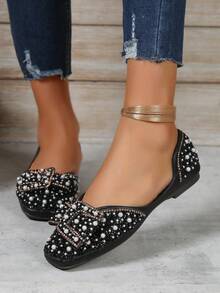 2023 New Arrival Elegant Pearl & Rhinestone Decor Slip-On Flat Shoes For Women With Low Vamp & Square Toe And Soft Sole, Ideal For Spring, Autumn - Black - View 3