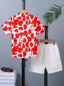 SHEIN 2pcs/Set Young Boy Heart Print Shirt & Shorts Set, Cute & Versatile, For Valentine's Day - Red - View 2