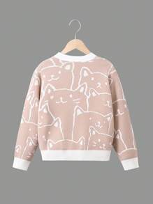SHEIN Áo khoác cardigan cổ chữ V họa tiết mèo hoạt hình dành cho bé gái tuổi teen - Màu Khaki - Xem 2