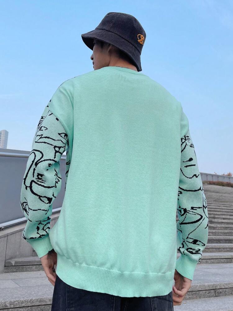 Men's Cartoon Pattern Drop Shoulder Sweater