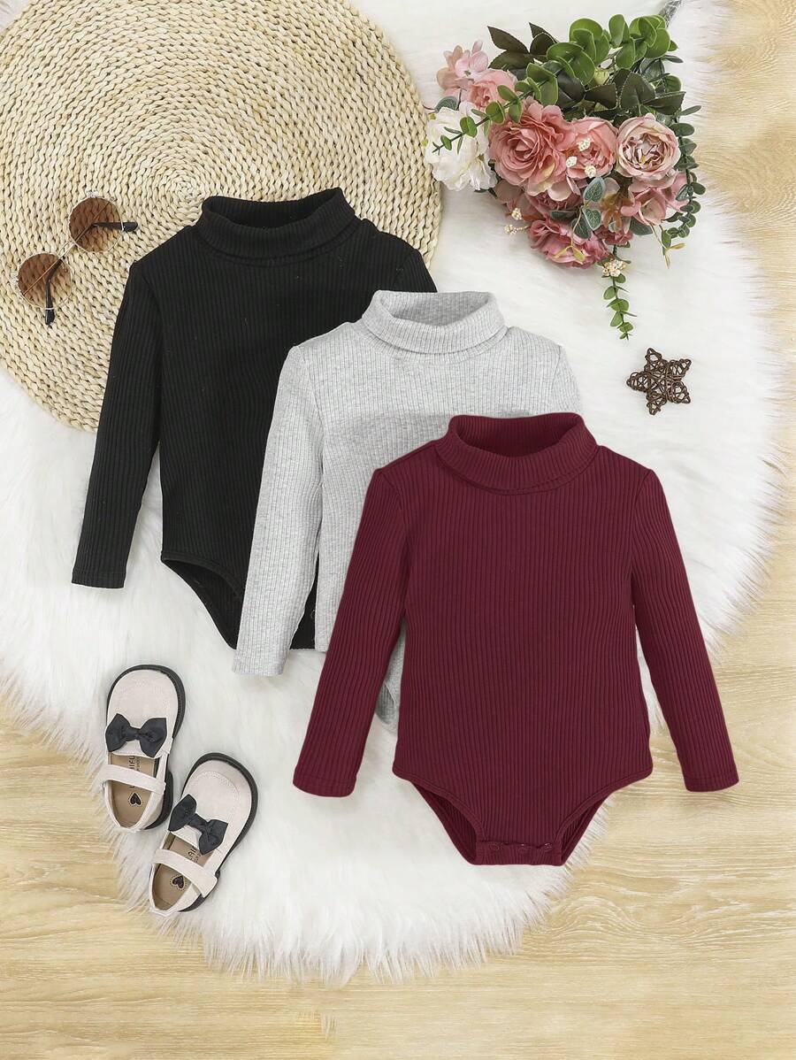 SHEIN Baby Girls' Casual Rib Knit Solid Color High Neck Bodysuit Set (3pcs) - Burgundy - View 1