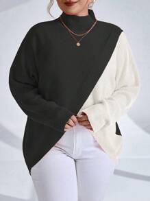 SHEIN Unity 大码女式不对称下摆撞色针织套头衫秋冬毛衣 - 黑與白 - 查看 7