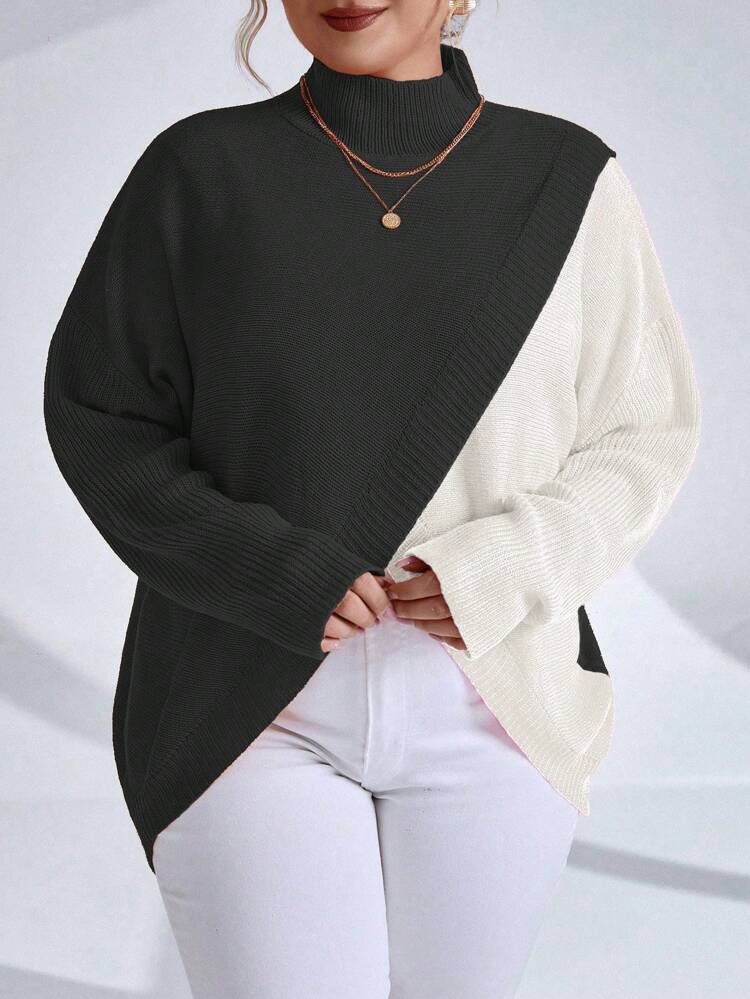 Plus Size Women's Asymmetrical Hem Colorblock Sweater Knit Pullover Fall Winter Sweater