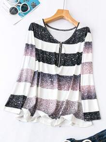 EMERY ROSE Plus Size Color Block Half Zipper Long Sleeve T-shirt - Multicolor - View 1