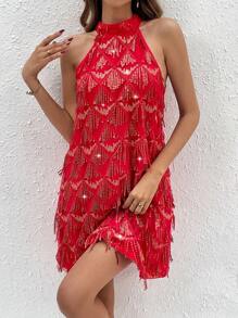 SHEIN Clasi Của phụ nữ Màu thuần Kim sa Váy không tay - Đỏ - Xem 1