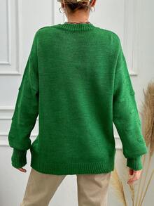 EURMUSE 女款純色落肩毛衣 - 綠色 - 查看 2