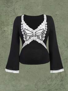 Flirla Kaos Ukuran Plus Kontras Lace Blok Warna Butterfly Casual - Hitam - View 1