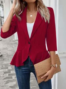 SHEIN LUNE Shawl Collar Ruffle Hem Blazer - Red - View 3