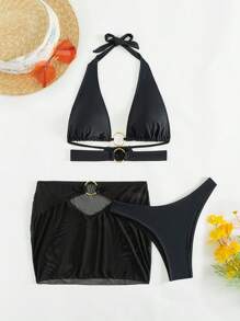 SHEIN Swim Bộ Bikini Cổ Dây Màu Trơn Với Chi Tiết Hình Tròn Lễ Hội Âm Nhạc Bãi Biển Mùa Hè - màu đen - Xem 3