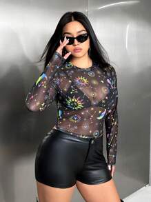 SHEIN ICON Women's Plus Size Sun & Moon Print Round Neck Mesh Top