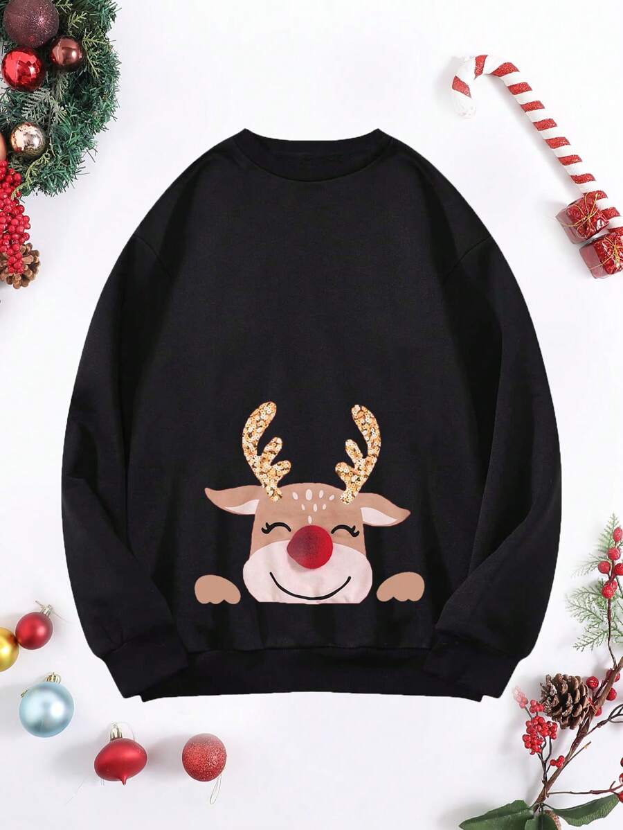 Calvaya Plus Elk Print Thermal Lined Sweatshirt Pullover Fall Outfit