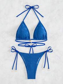 SHEIN Swim Summer Ladies' Halter Neck Bikini Set - Blue - View 6