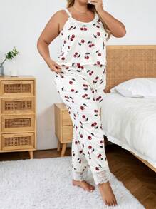 Conjunto De Pijama Con Estampado De Cerezas De Talla Grande