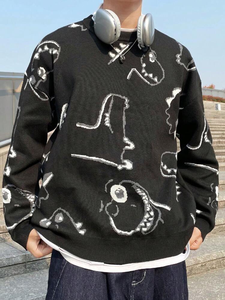 Men's Dinosaur Patterned Round Neck Sweater