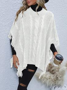 SHEIN LUNE Tassel-Edge Poncho Sweater Knit Pullover Fall Winter Outfit - White - View 6