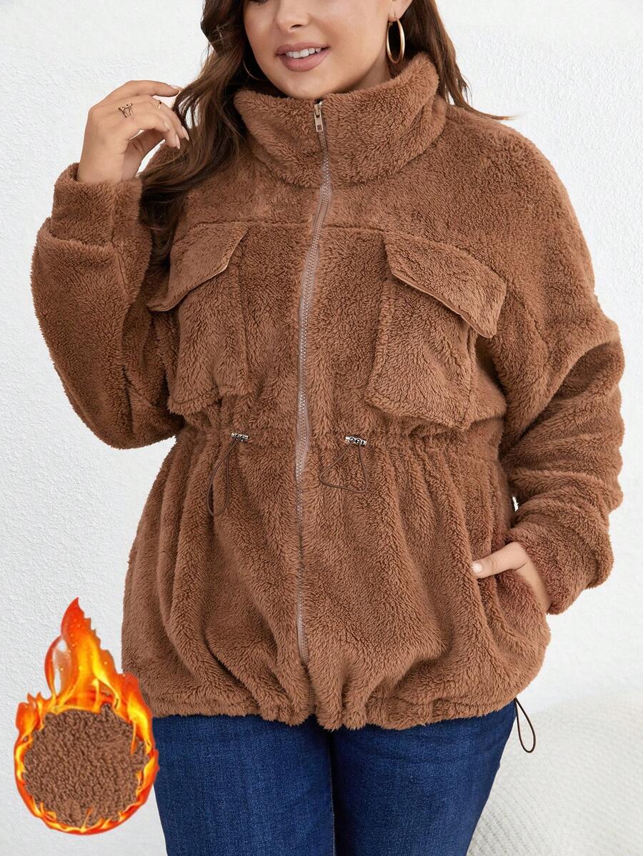 SHEIN LUNE Hơn Túi có nắp Eo dây rút Thả vai Flannelette Áo khoác - Cà phê nâu - Xem 1