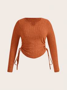 SHEIN EZwear 大碼缺口領側抽繩側收褶短款T恤 - 鏽棕色 - 查看 1