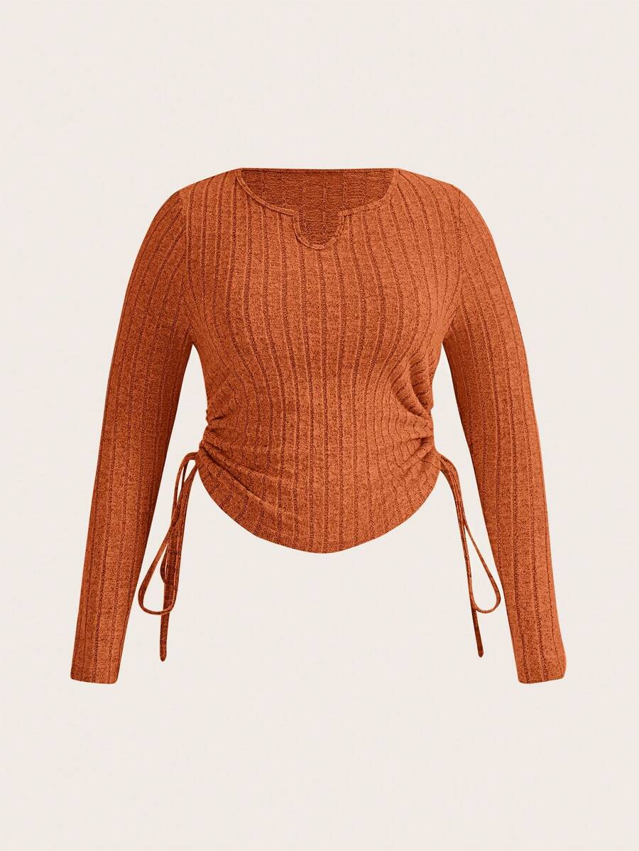 SHEIN EZwear 大碼缺口領側抽繩側收褶短款T恤 - 鏽棕色 - 查看 1