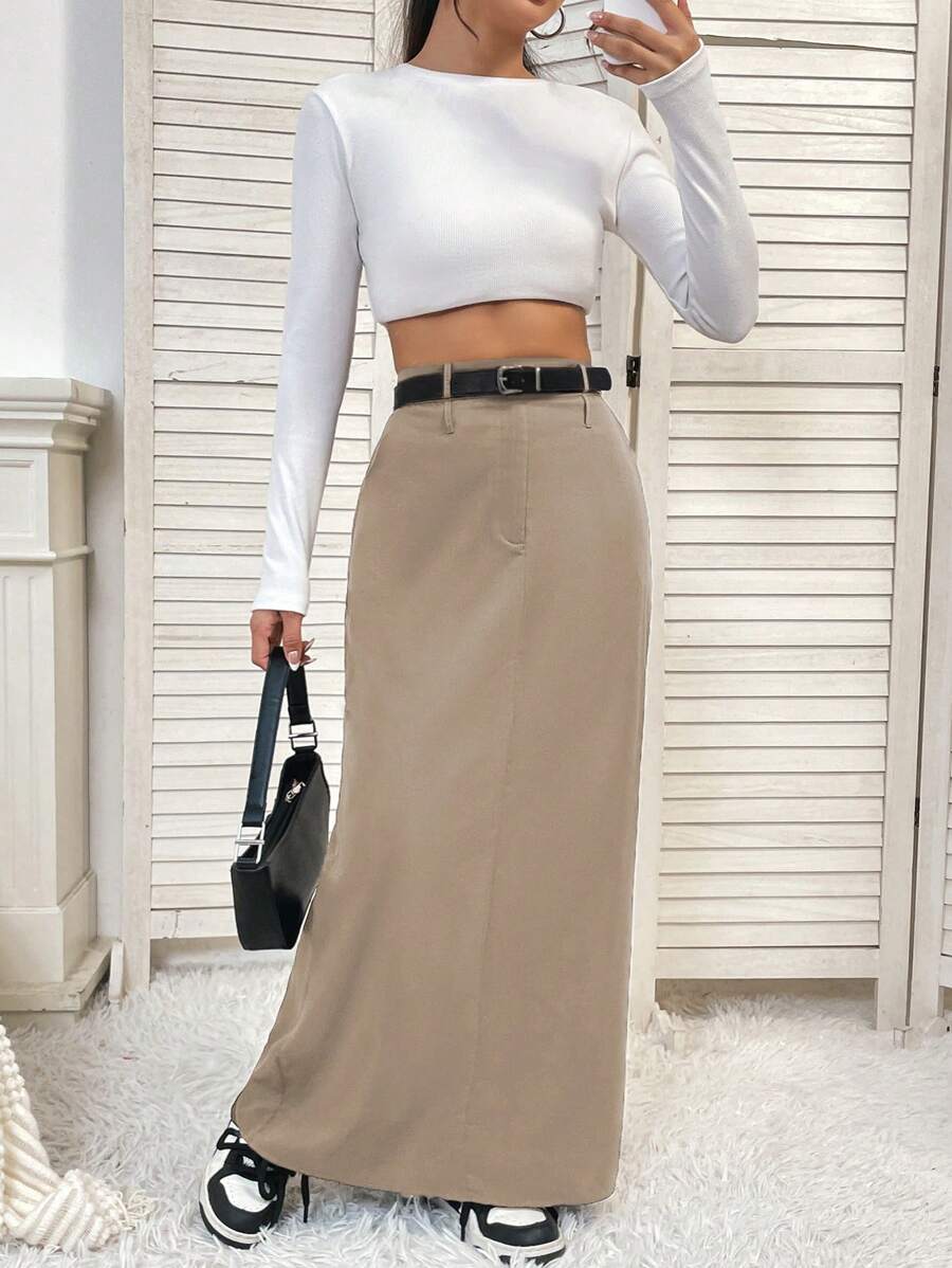 SHEIN Unity Quý cô Màu Khaki Đúng mốt Thêm dài Váy - Màu Khaki - Xem 1