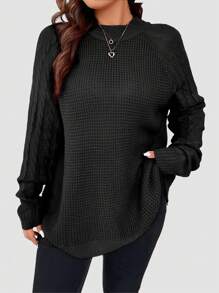 SHEIN Unity Plus Size Asymmetrical Hem Sweater With Raglan Sleeve Knit Pullover Fall Winter - Black - View 4