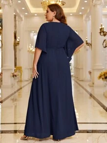 SHEIN Belle Vestido de dama de honor de talla grande con cuello en V bordado de unicolor con cintura, elegante vestido formal para fiesta de noche, boda, graduación, cena o fiesta