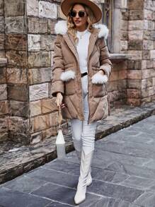 SHEIN LUNE 女士连帽加厚棉服外套冬季有领 - 棕色 - 查看 6