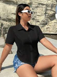 SHEIN EZwear 大尺碼女士短袖襯衫 - 黑色 - 查看 7